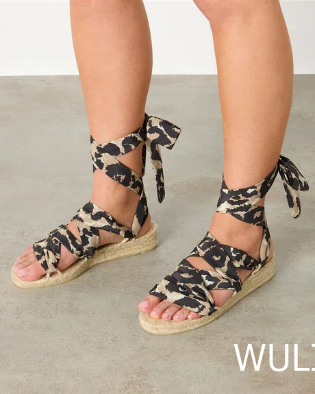 High Wedge Espadarille Black Gray Speckled Print Patchwork Sandals Cover Shallow Ankle Ribbon Wrap Shoes Ethnic Casual Gladiator