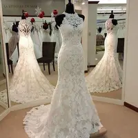 mermaid wedding dresses with long train lace applique O-Neck vestidos elegantes para mujer plus size robe mariée boho brautkleid