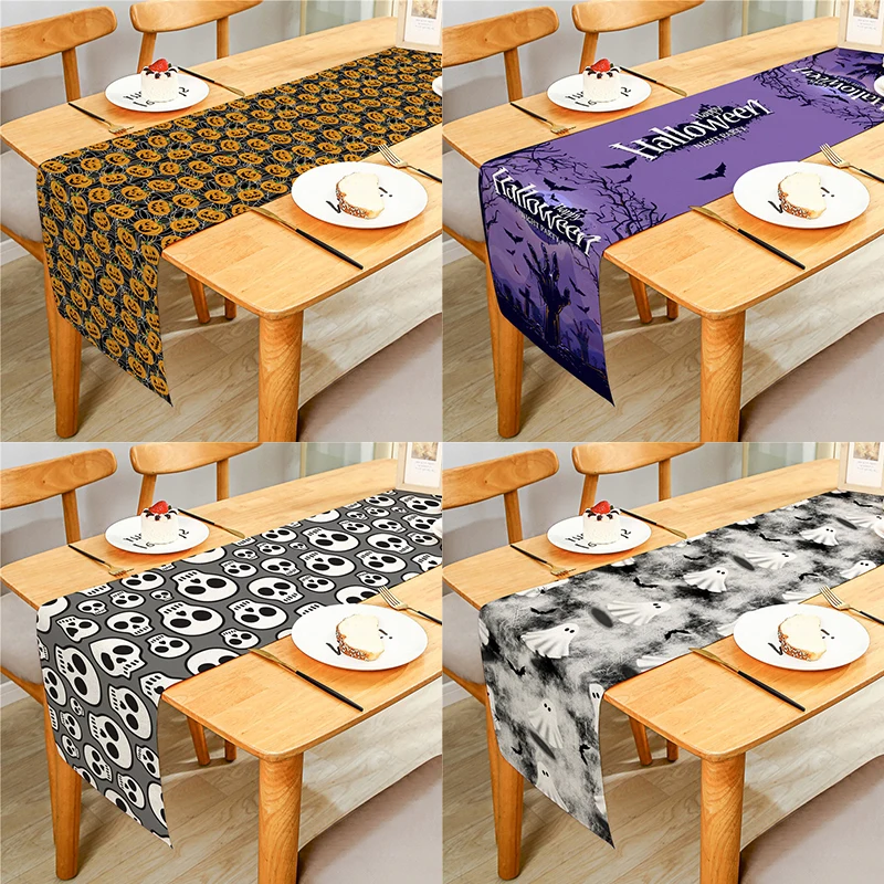 

Fashion Pumpkin Skull Head Cat Cartoon Printed Linen Table Runner Cloth Cover Anti-Slip Stain For Dinner Festival Party Decor