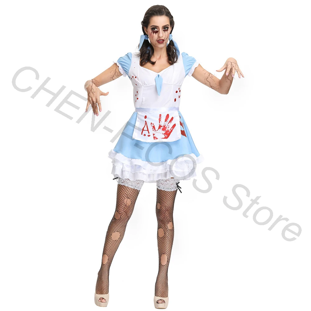 

Halloween Cosplay Costume Alice Dress Horror Bloody Zombie Stage Performance Woman Uniform Demon Maid Party Christmas Carnival