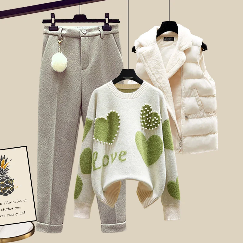 

Fall Winter New Casual Sweater 3 piece set Women Korean Fashion Sweet Heart-shaped beaded Sweater + Lamb wool vest + Pants Suits