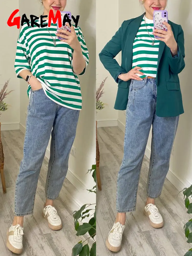 Женская хлопковая футболка в полоску с принтом и коротким рукавом винтажные