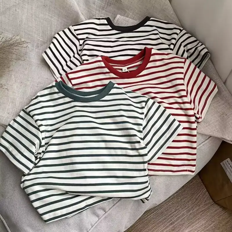 

Spring Autumn Kids Clothes Unisex Korean Striped Short Sleeve T-shirt Unisex Boys and Girls Loose Top 1-12t