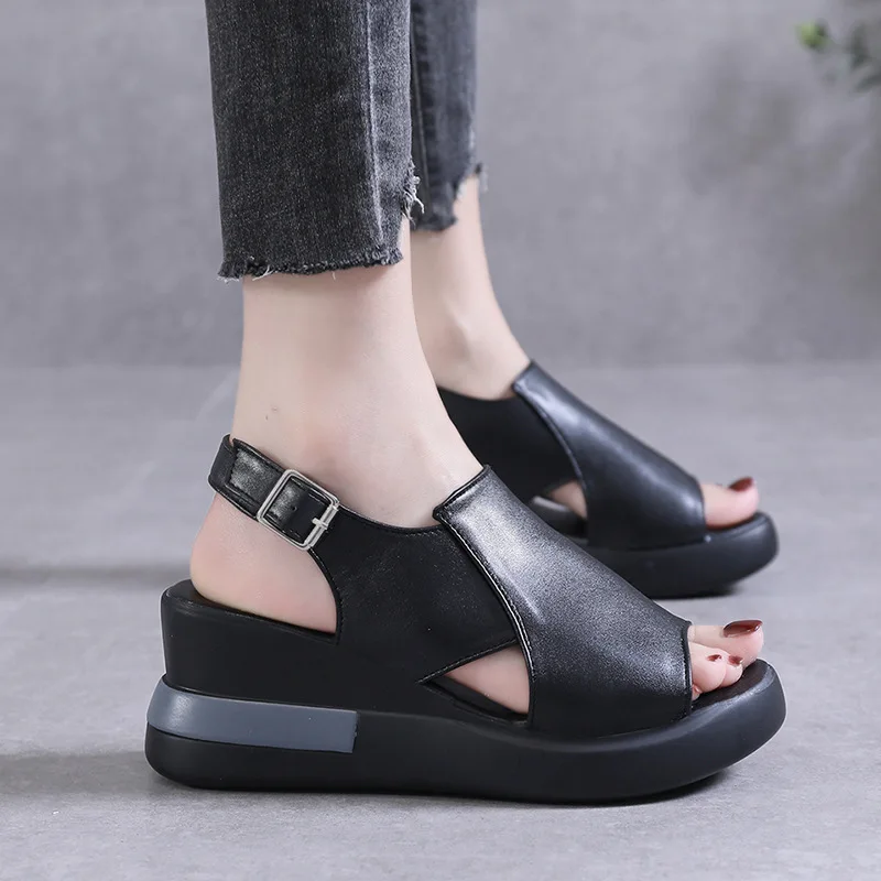 

Summer Wedge Shoes for Women Sandals Solid Color Open Toe High Heels Casual Ladies Buckle Strap Fashion Female Sandalias Mujer