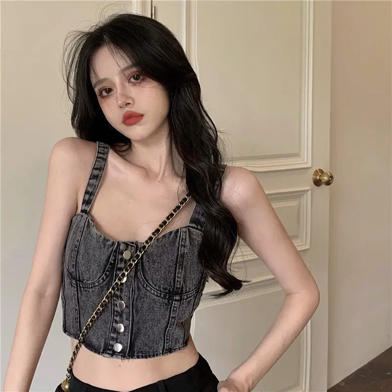 

Korea Japan Lady Women Girl Casual Denim Sling Top Vest Sling Cowboy Jean Bra camisole Tops Jeans Sleeveless Slim Spring HOT