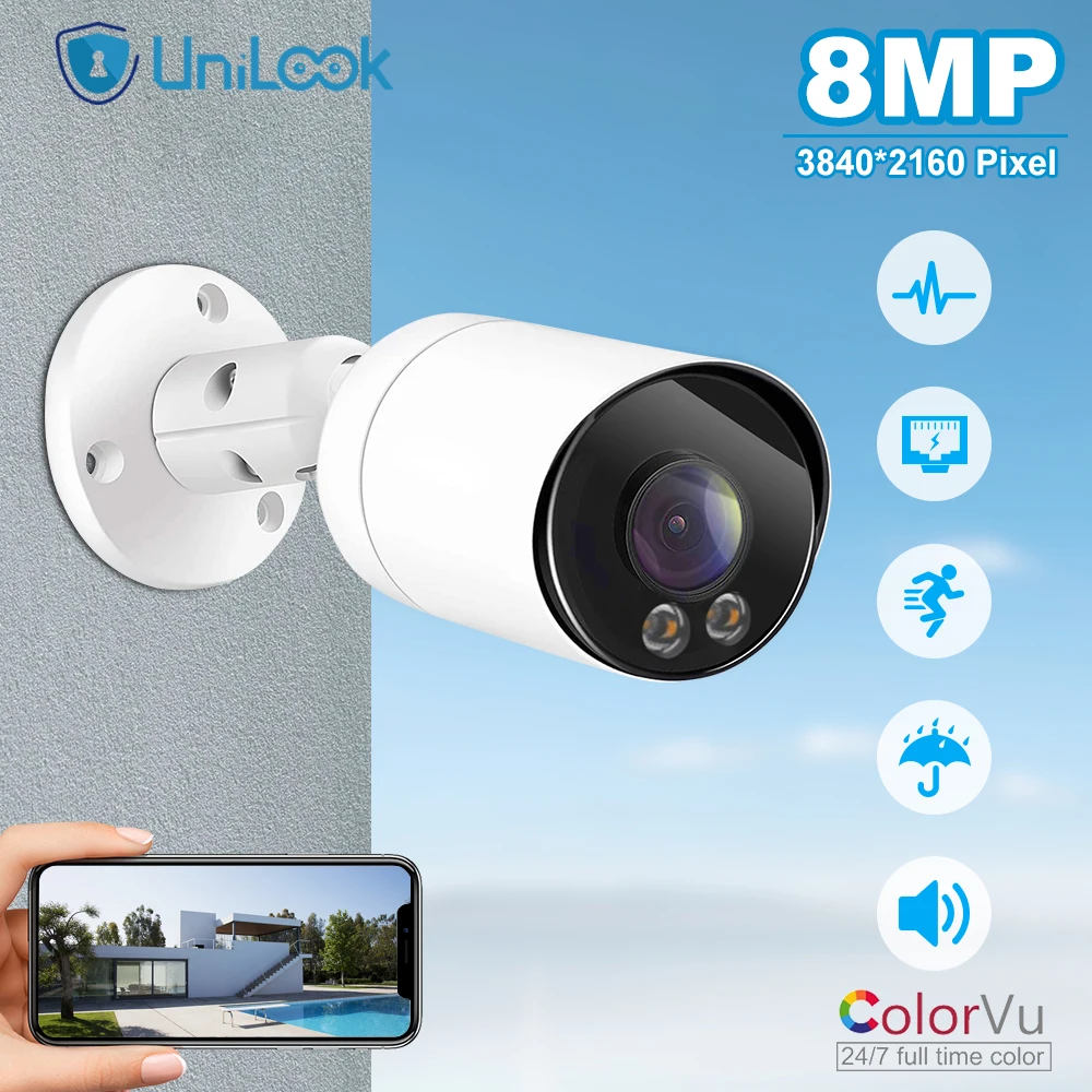 UniLook 4K/8MP ColorVu POE IP Camera 2.8mm Lens with Mic Full Color Night Vision IP66 Bullet CCTV Surveillance H.265 P2P - купить по