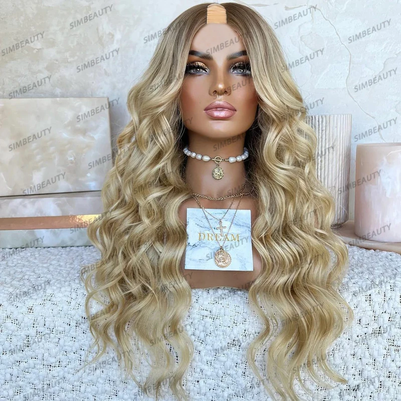 Ombre Dark Sandy Blonde Loose Wave 1x4 Opening U Part Human Hair Wigs for Black Women 200Density Long Adjustable  U Part Wigs
