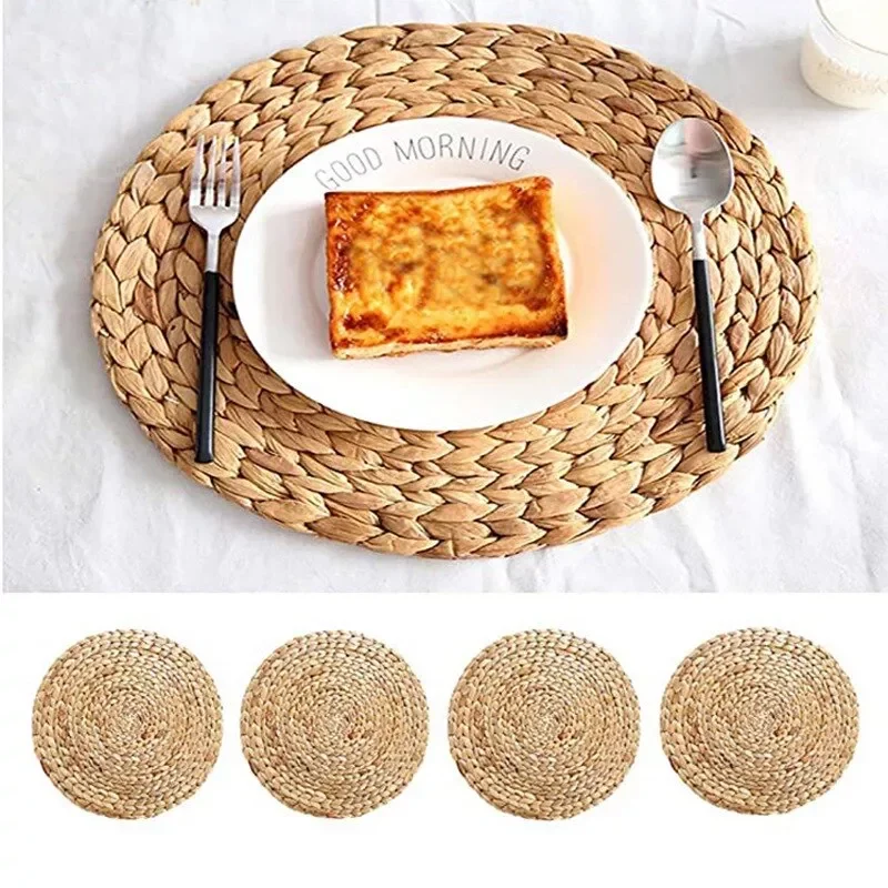 

Natural Table Mat Handmade Water Hyacinth Woven Placemat Round Braided Mat Heat Resistant Hot Insulation Anti-Skidding Pad
