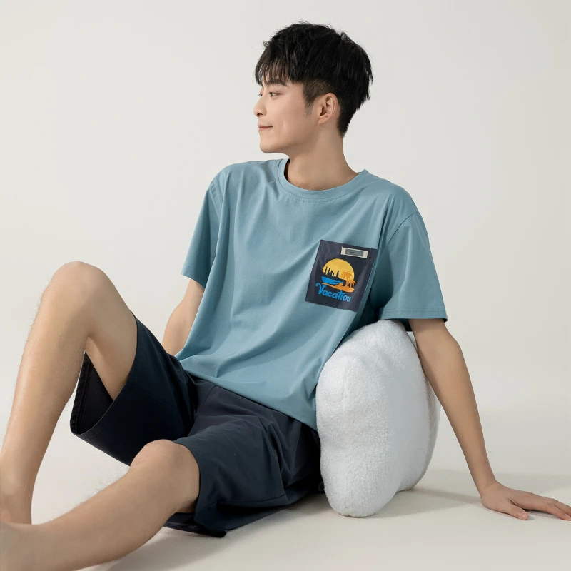 Pajamas Men's Summer Cool Feeling Pure Cotton Short-sleeved Pullover Shorts Casual Home Suit Can Be Worn Outside and Comfortable