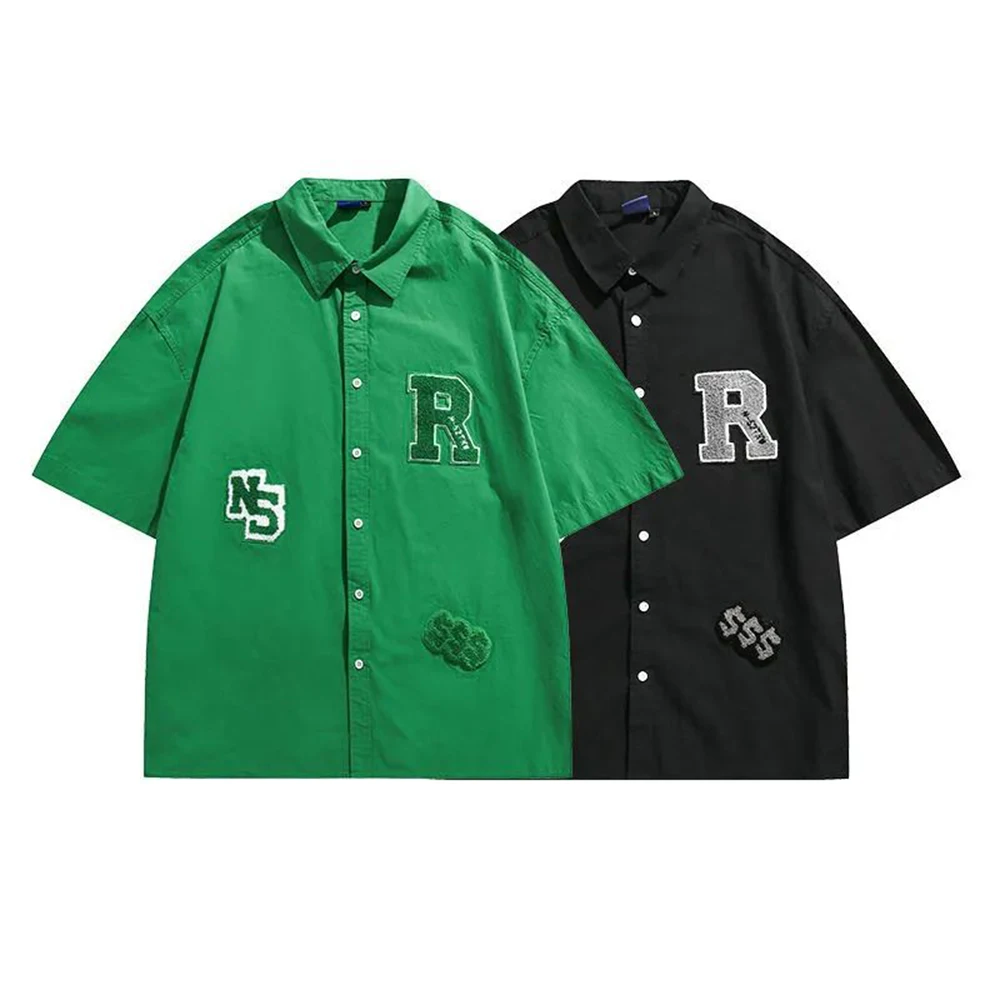 

Japanese Retro Short-sleeved Patch Work Shirt Summer Street Cityboy Simple Loose Pocket Casual Graffiti Lapel Men's Clothing