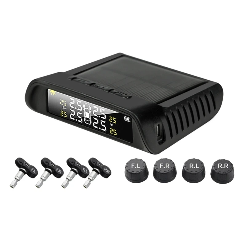 

Автомобильная система контроля давления в шинах TPMS Solar LCD Беспроводная + 4 внешних датчика Прямая поставка