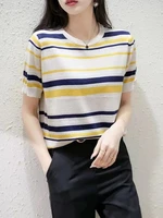 sweater mujer 2022 summer striped knitted sweater women loose casual woman clothing short sleeve top o neck pullover pull femme