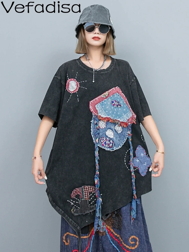 

Vefadisa 2023 Summer Casual Heavy Industry Hand Embroidered Irregularly Medium Long T-shirt Personalized Girl Spliced Top ZY1748