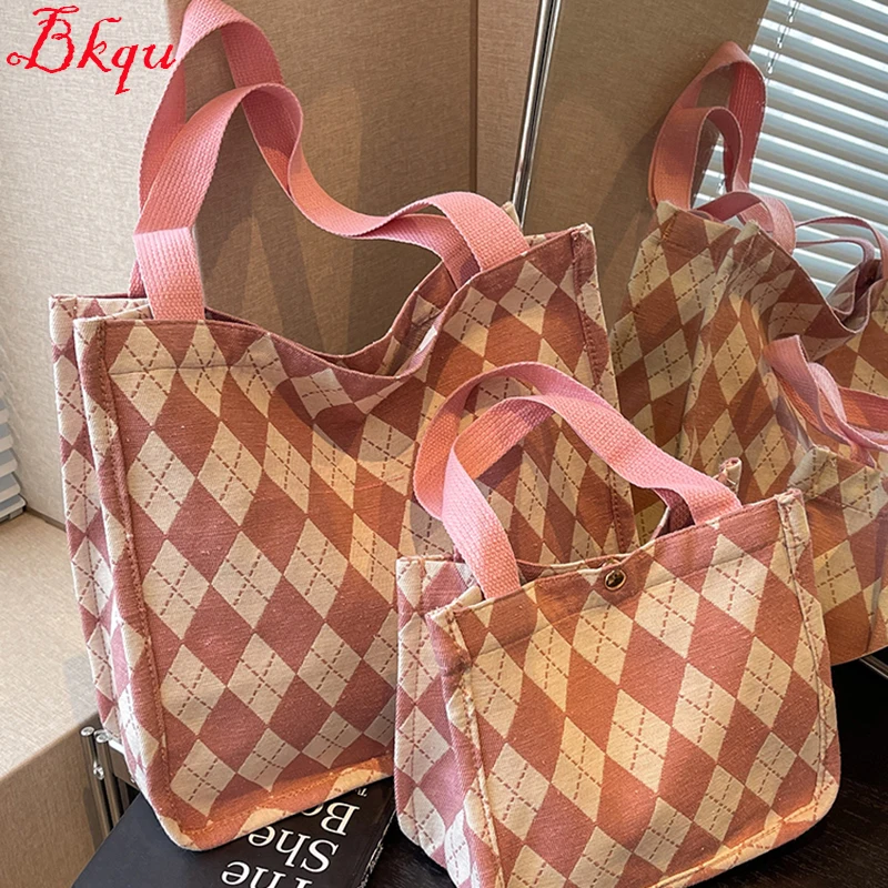 

Korean Sweet Linen Checkered Bag for Lady Women's Blue/Pink/khaki Canvas Lattice Bags Fashion Handbag #B042