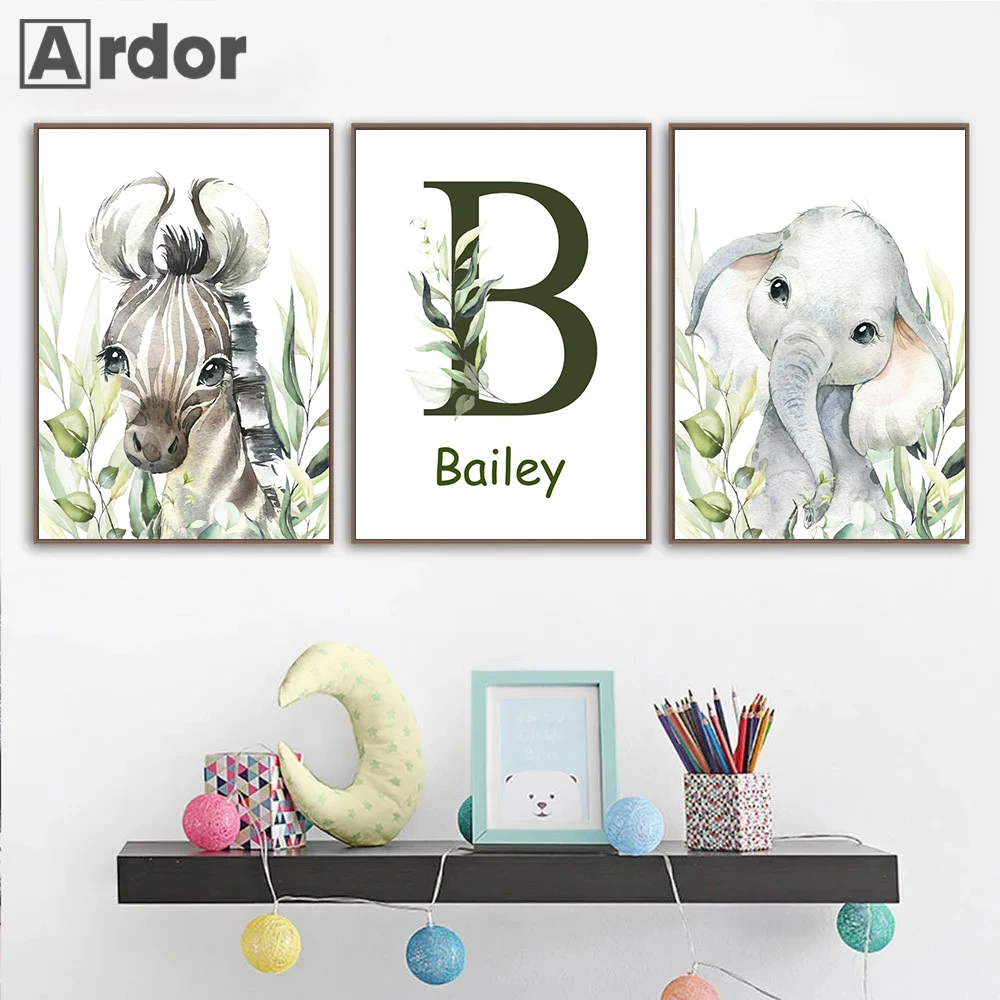 

Plant Leaves Custom Name Wall Art Canvas Painting Zebra Elephant Poster Nursery Print Pictures Nordic Posters Kids Room Decor