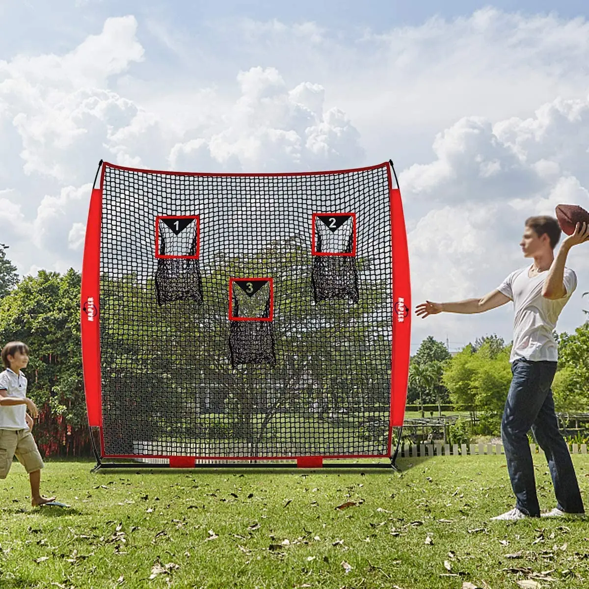 Football Training Net with 3 Throwing Targets Zone 8 X 8 FT Football Throwing Kicking Net with Sturdy Frame
