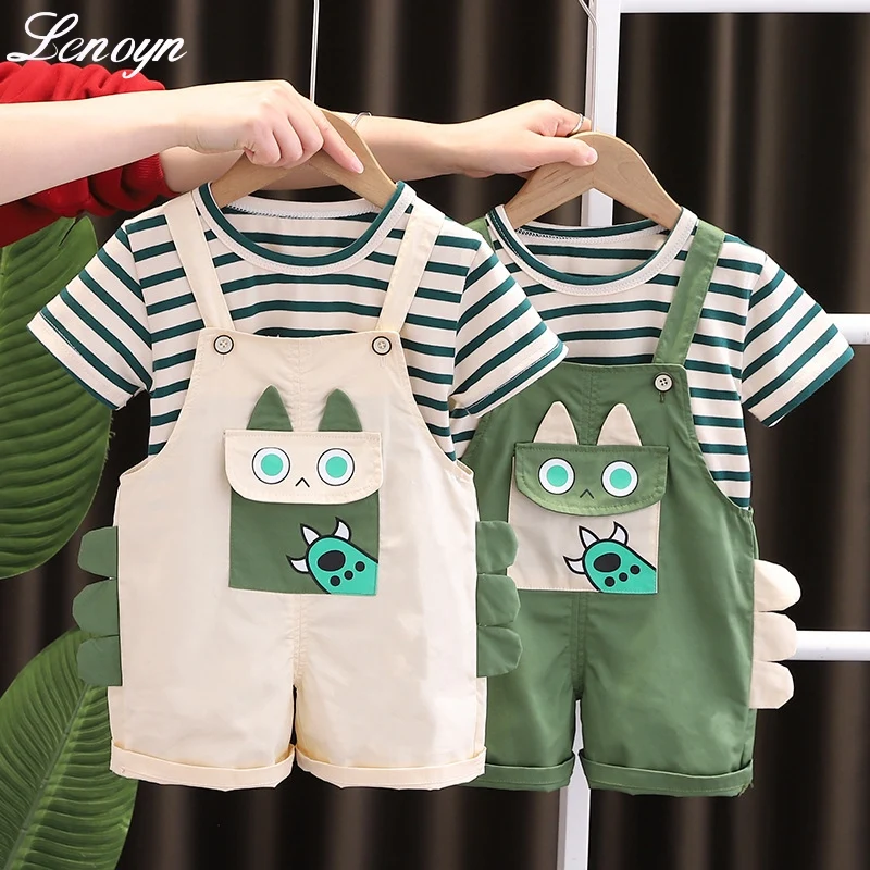 

Lenoyn 2023 New Children's Set Summer Boys' Strap Pants Set Handsome Casual Thin Two Piece Cute Cartoon Dinosaur Print Clothing