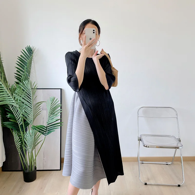 

SuperAen Summer 2022 New Short Sleeve Color Block Printing Slim O-Neck A-LINE Casual Folds Ankle-Length Dresses for Women