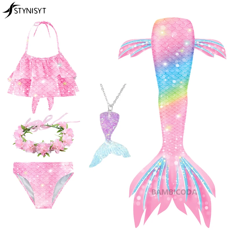 

Mermaid Tail for Girls Kids Swimmable Swimming Bating Sui Swimsuit can add Monofin Fin Goggle with Garland Mermaid Costume