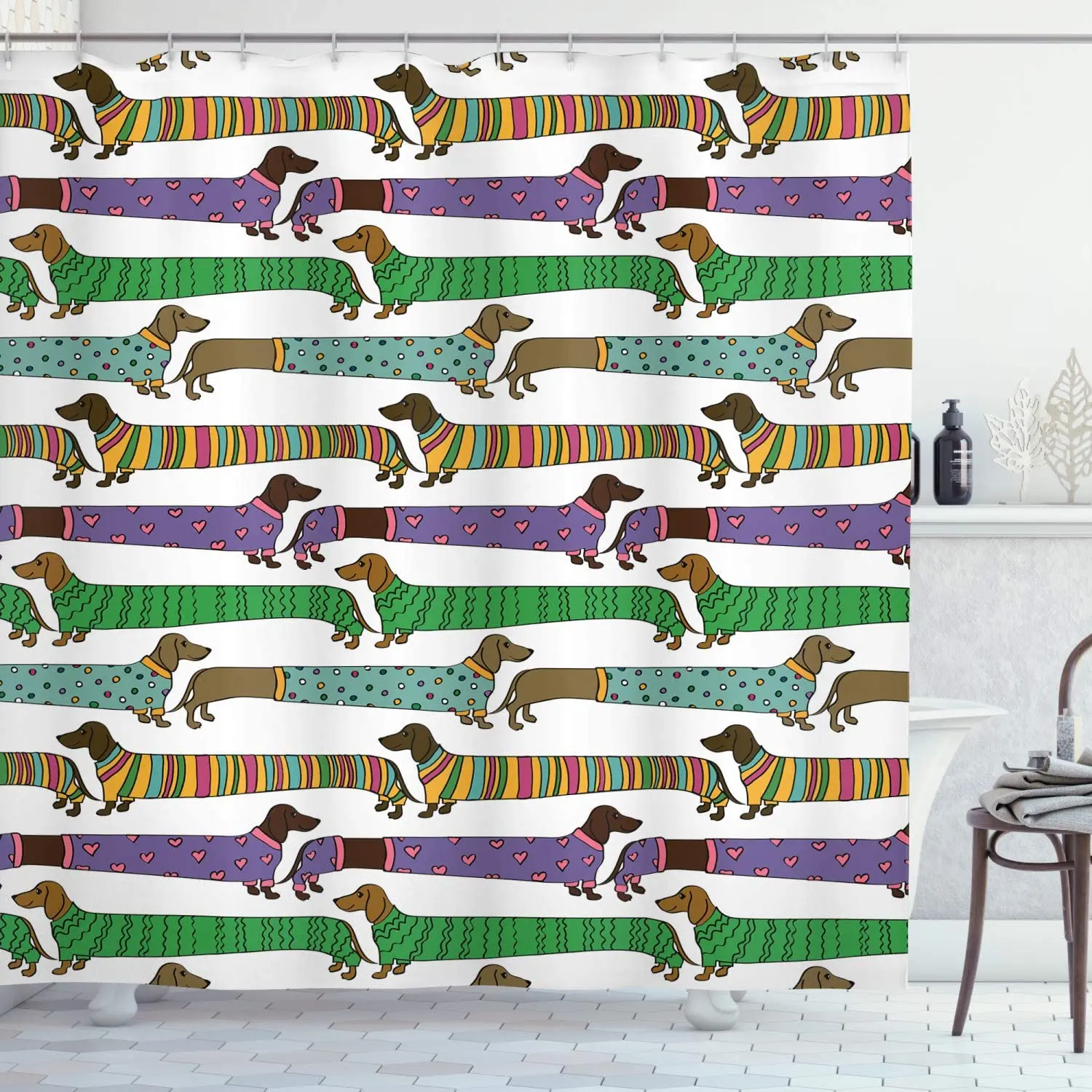 

Dog Lover Shower Curtain, Cartoon Style Dachshunds Dressed in Pyjamas Chevron Lines Polka Dots and Hearts, Cloth Fabri