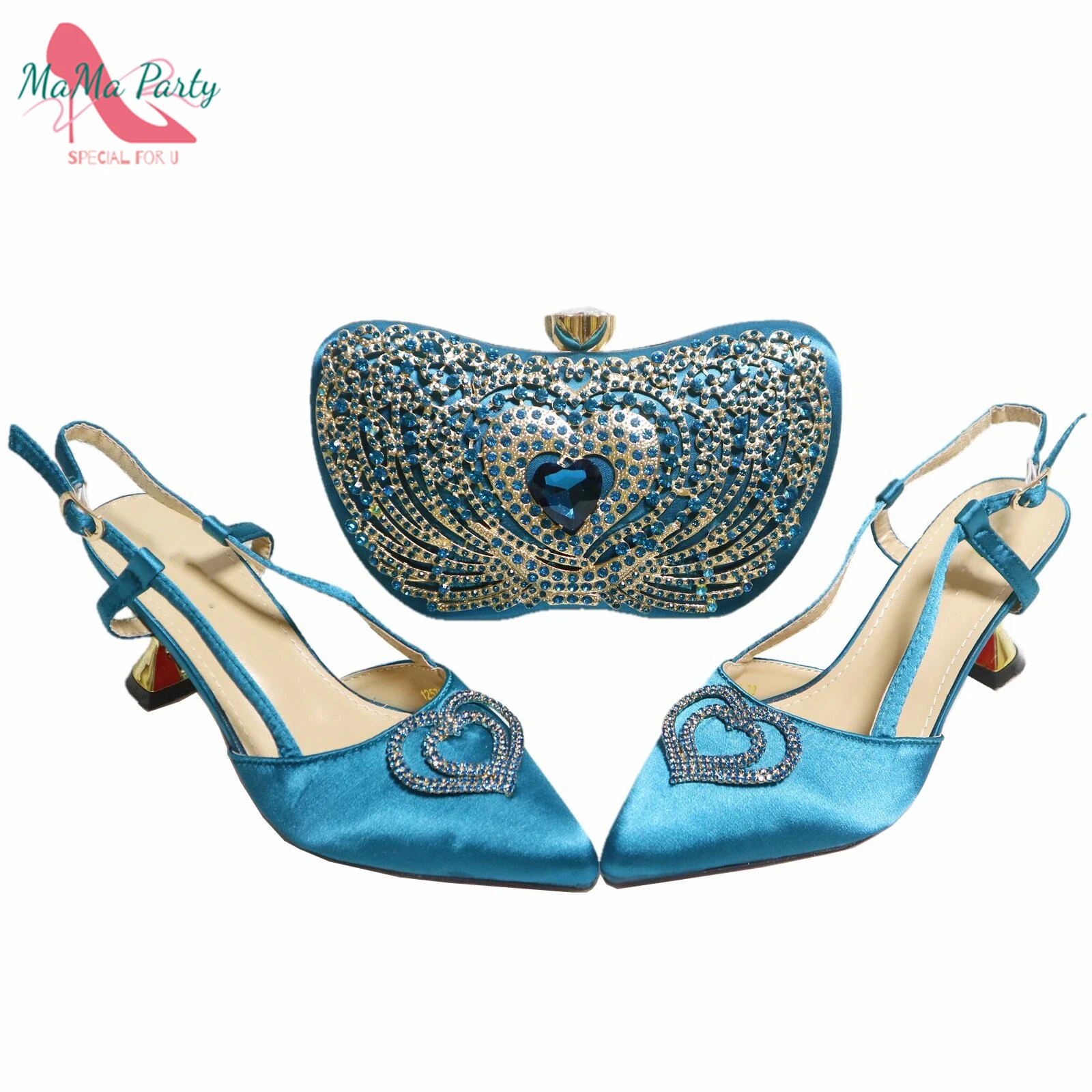 

2022 New Arrive Blue Color Shoes and Bag Set Decorated Heart-Shaped Design For African Ladies Wedding Party