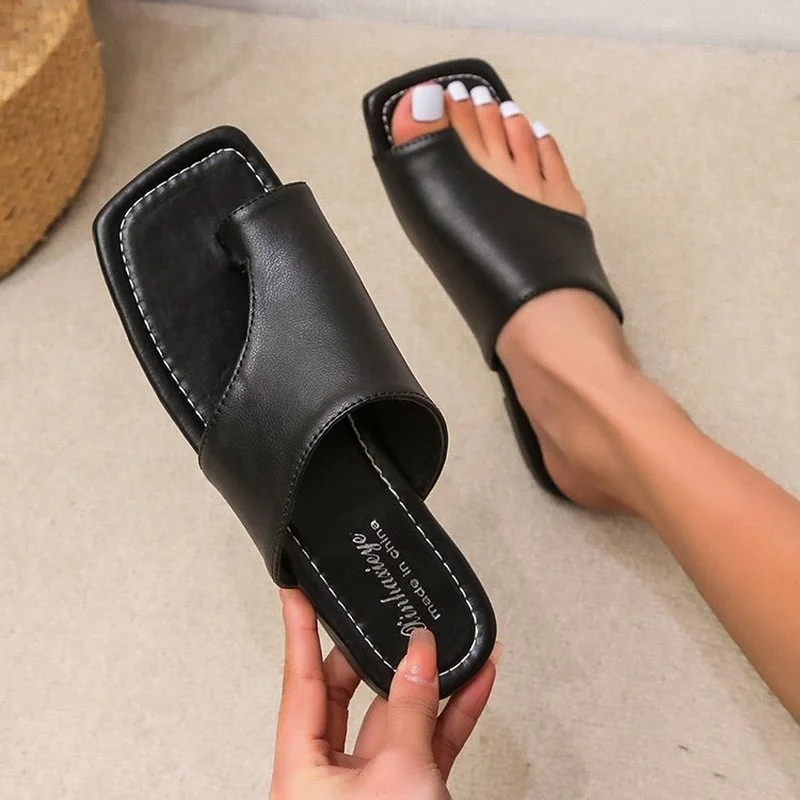 2022   Women's Flip-flops Flip-flops Flat Solid Color Square Toe Casual Women's Sandals Sewn Comfortable Beach Summer Size 35-43