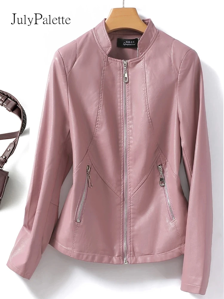 Julypalette Pink Stand Collar Real Leather Jackets 2022 Fall Zipper Pocket Long Sleeve Coats Casual Female Sheepskin Outwear