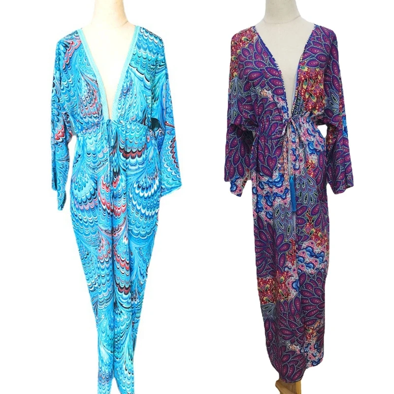 

Women Flare Long Sleeve Long Kimono Cardigan Ethnic Vintage Colorful Feather Printed Open Front Loose Flowy Tie Waist Beach Y1QD