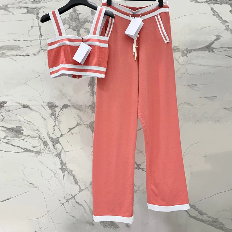 

2023 Runway Women Knit Vest Pants 2 Piece Set Fashion Stripe Patchwork Back Zipper Tops Elastic High Waist Trousers Sports Suits