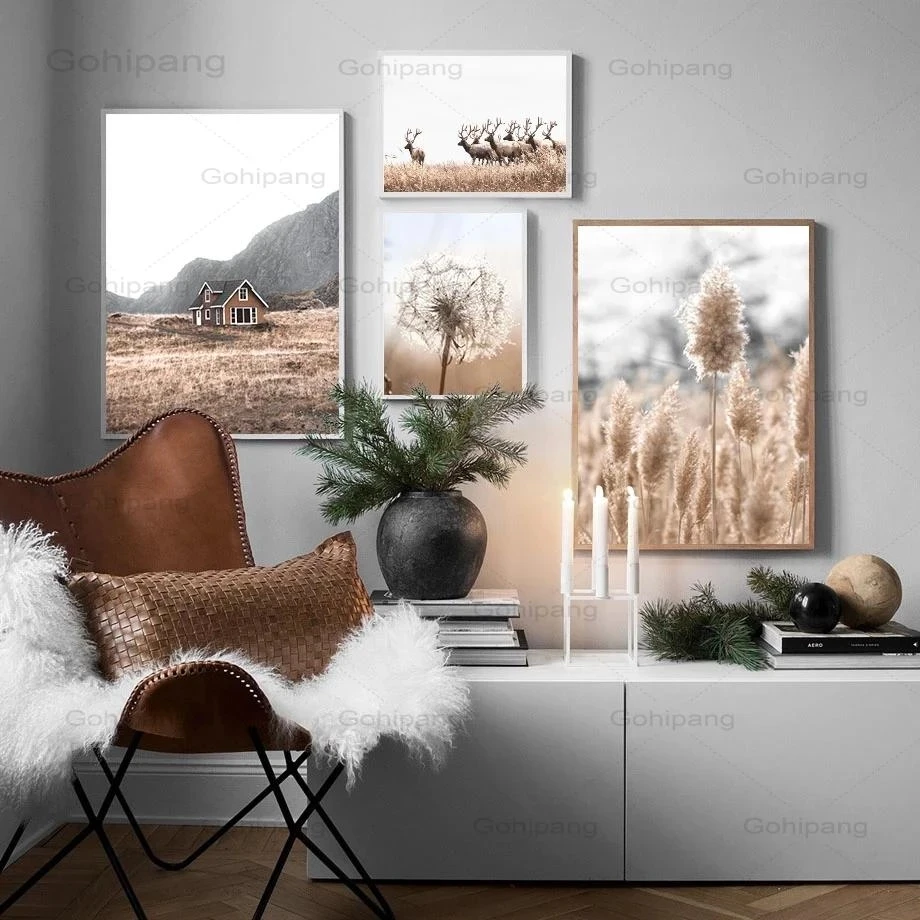 

Canvas Painting House Deer Dandelion Dead Grass Plant Wall Art Nordic Art Posters and Prints Wall Pictures for Living Room Decor