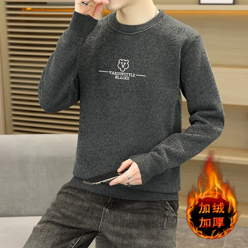

Мужской зимний хлопковый свитер, пуловер, мужской повседневный облегающий вязаный свитер с вышивкой и круглым вырезом, нижняя рубашка, уличный флисовый теплый пуловер