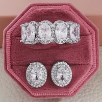 2pcs pack silver color bride jewelry set halo engagement ring round stud earring for wedding gift j6023