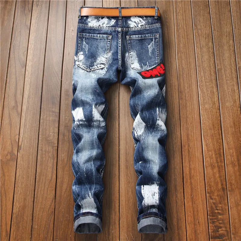 New Straight Fit Bike Men's Jeans Embroidered Badge Patch Fashion Blue Pants Fashion Casual Split Pants