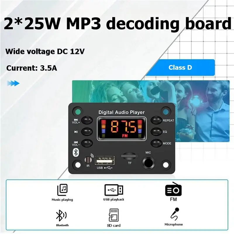 Фото Плата MP3-декодера AS95 для автомобиля с усилителем 2x25 Вт, Bluetooth, DC12-15В, аудиомодуль с микрофонным интерфейсом №3