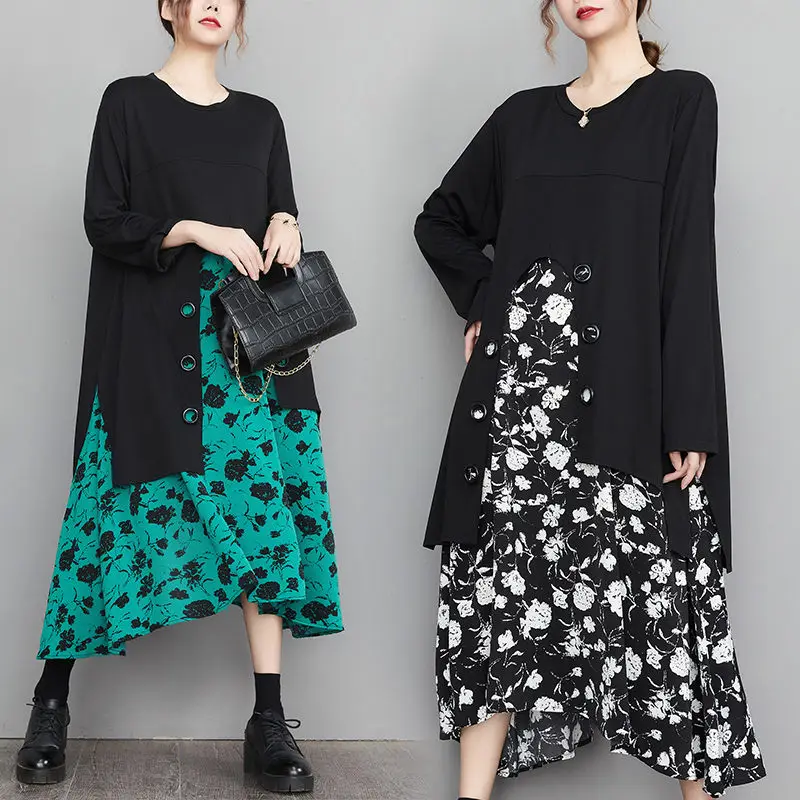 

Large Size Women's Autumn Clothes Retro French Stitching Printing Fake Two Piece Dress Loose Slim Long Sleeve Casual Robes H2295