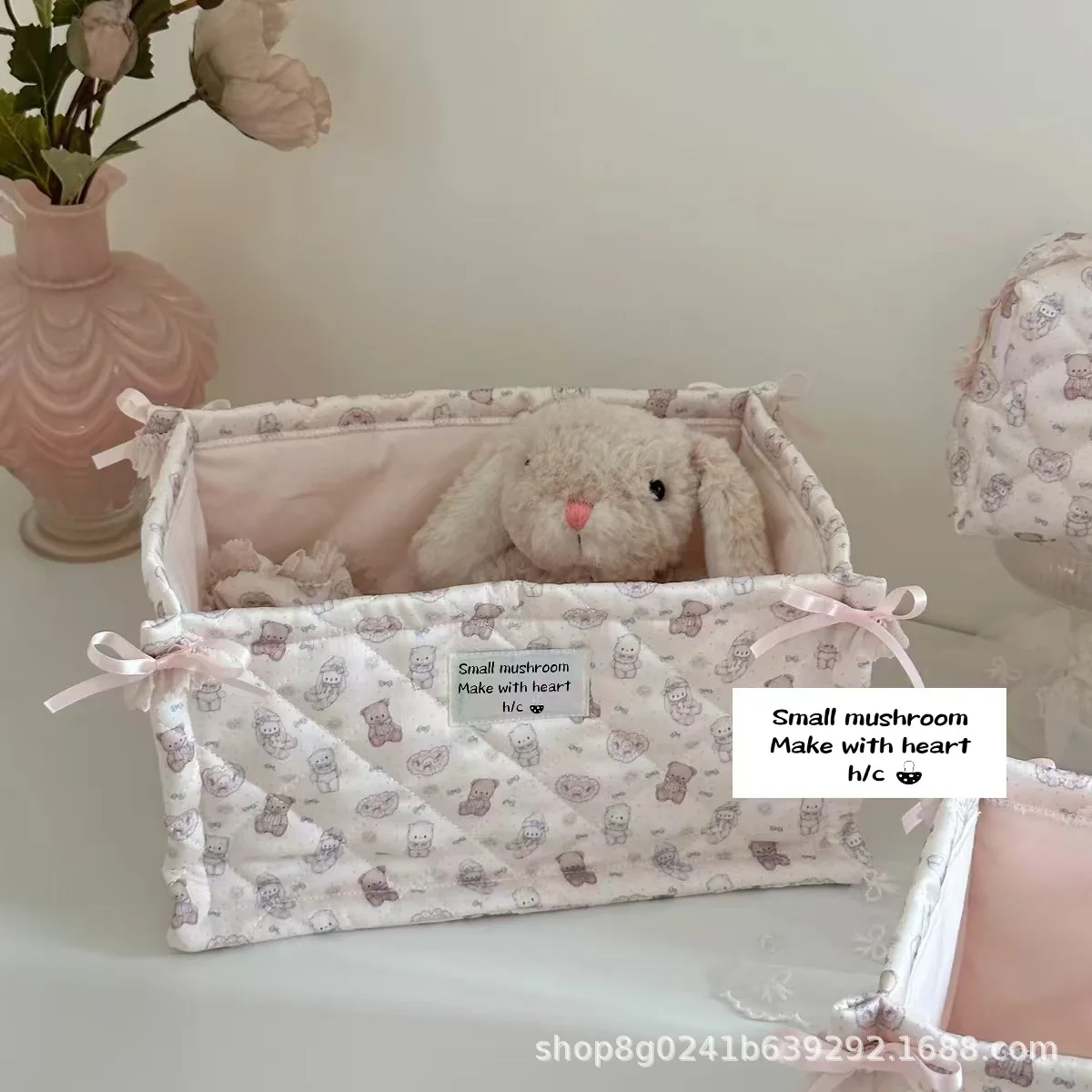 Фото Прямоугольная атласная корзина для хранения Dreamy Girl, настольный органайзер, корзина для хранения, розовый медведь, украшение для дома, предметы первой необходимости для путешествий №3