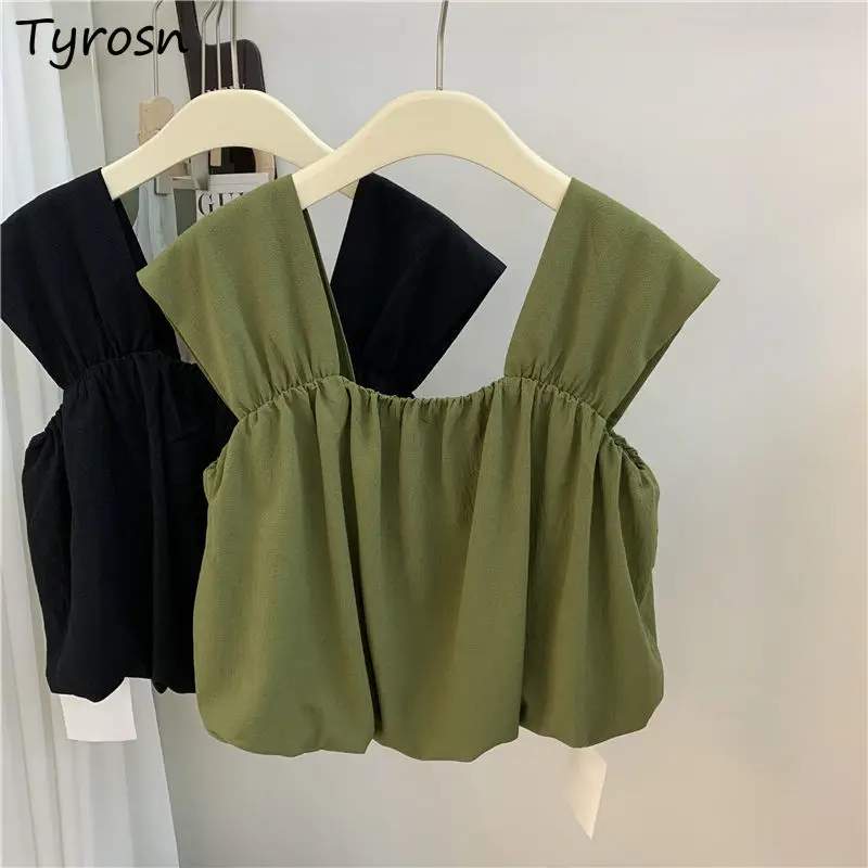 

Tanks Women Minimalist Pure Cropped Fashion All-match Sweet Temperament Daily Korean Style Folds Retro Casual Summer Breathable