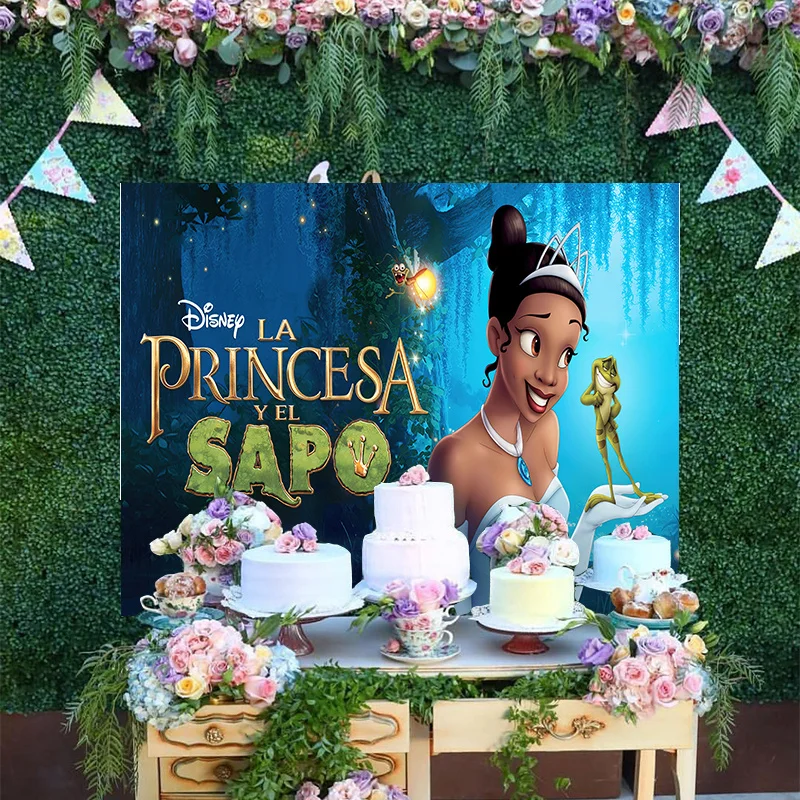 

Cartoon Disney The Princess and the Frog Magic Forest World Backdrop Cute Green Dress Tiana Birthday Party Decoration Background