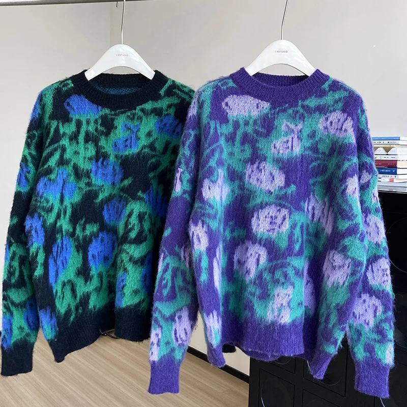 

Vintage Purple Rose Jacquard Women Sweater 2022 Autumn Winter O-neck Loose Drop Shoulder Sleeve Warm Pullovers Tops