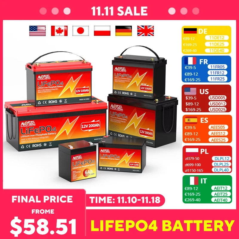 LiFePO4 Аккумулятор 12 В 24 36 48 Литиевая батарея 6 Ач 10 25 50 100 200 300 Перезаряжаемый