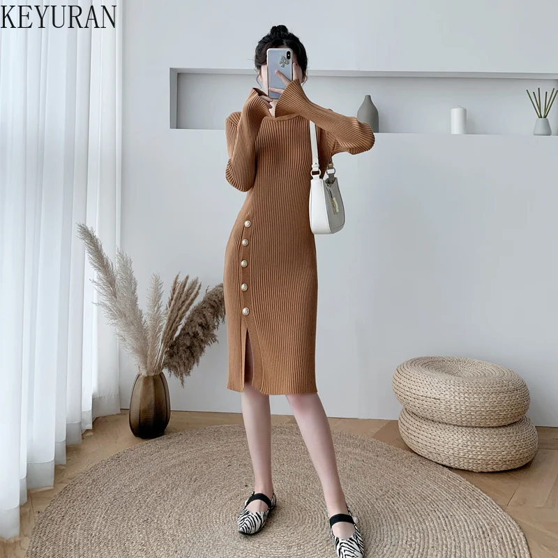 

Slim Knit Dresses Women's Dress Vintage Style Elegant Flared Sleeves Fashion Clothing 2021 Split Party Button Female Traf Woman