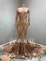 vintage gold long sleeves sequins evening dresses blingbling mermaid high neck black girl prom reflective party gowns