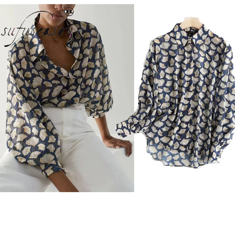 

Autumn Chiffon Leaf Printing Blouse Cage Elegant Women Shirt 2022 New Style Cozy Fashion Loose Ladies Casual Long Sleeves Tops