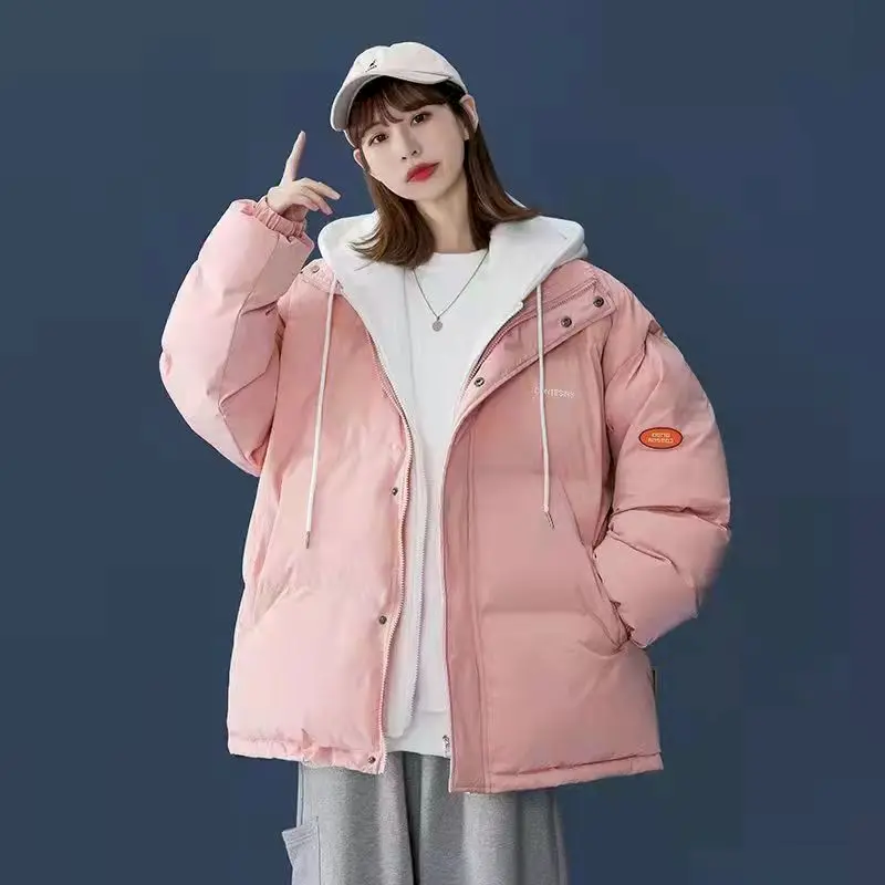 Parkas Women Winter Jackets 2022 New In Casual Fake Two Piece Hooded Jacket Korean Fashion Kawaii Pink Coats Zipper Tops Femme