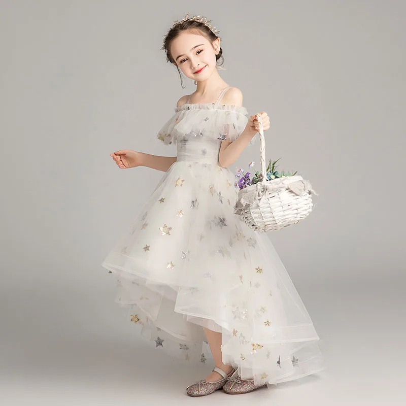 

Summer Girl Charm Dress Princess Wind Fluffy Gauze Emcee Before And After A Long Shoulder Piano And Violin Performance