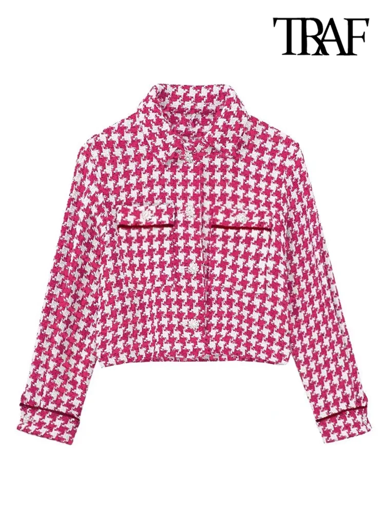 Женская твидовая куртка на пуговицах с длинным рукавом и накладными карманами -