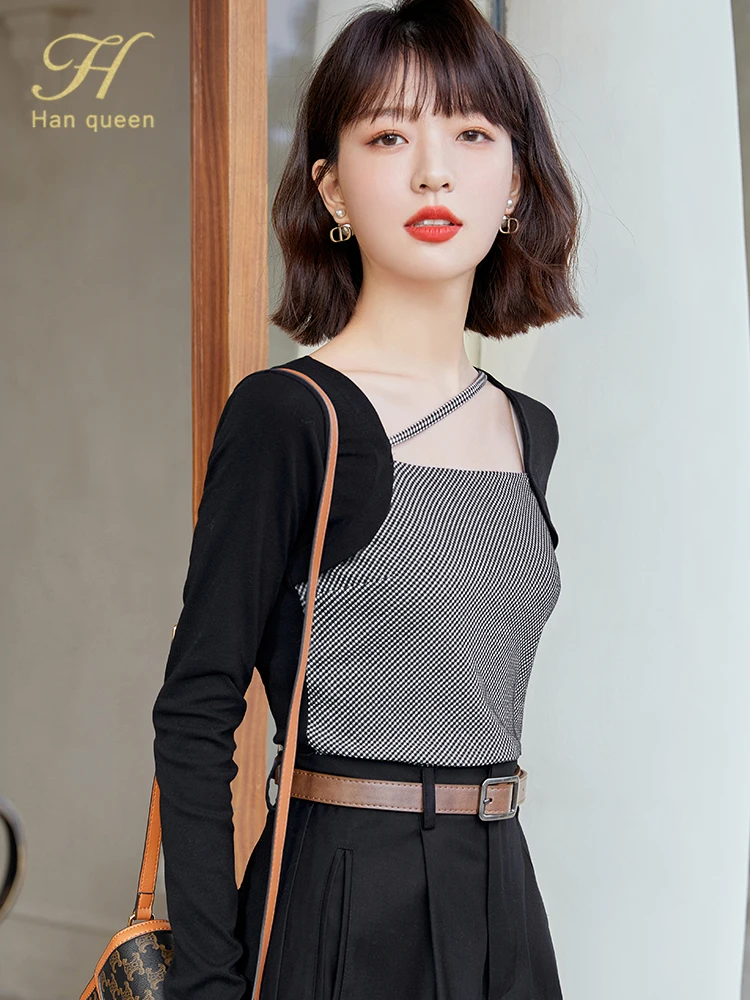 Новая Винтажная клетчатая офисная блузка H Han Queen женская футболка весенние топы