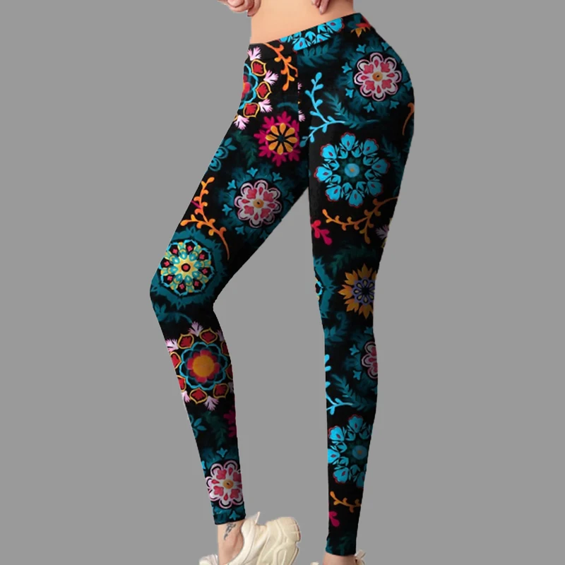 Stretch Sexy Fashion Pants Women Raises Butt Push Up Fitness  Leggings Trousers Cartoon Flowers Print GYM Sport Legging Female