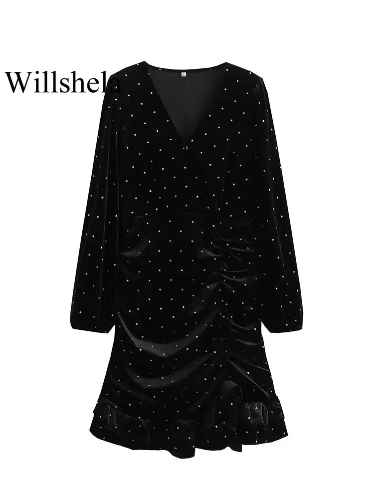

Willshela женское модное черное бархатное Плиссированное мини-платье, винтажное платье с v-образным вырезом и длинными рукавами, женские шикарн...