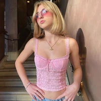 pink lace crop top women camis mesh see through sexy kawaii camis summer tank top lace fashion y2k corset solid elastics